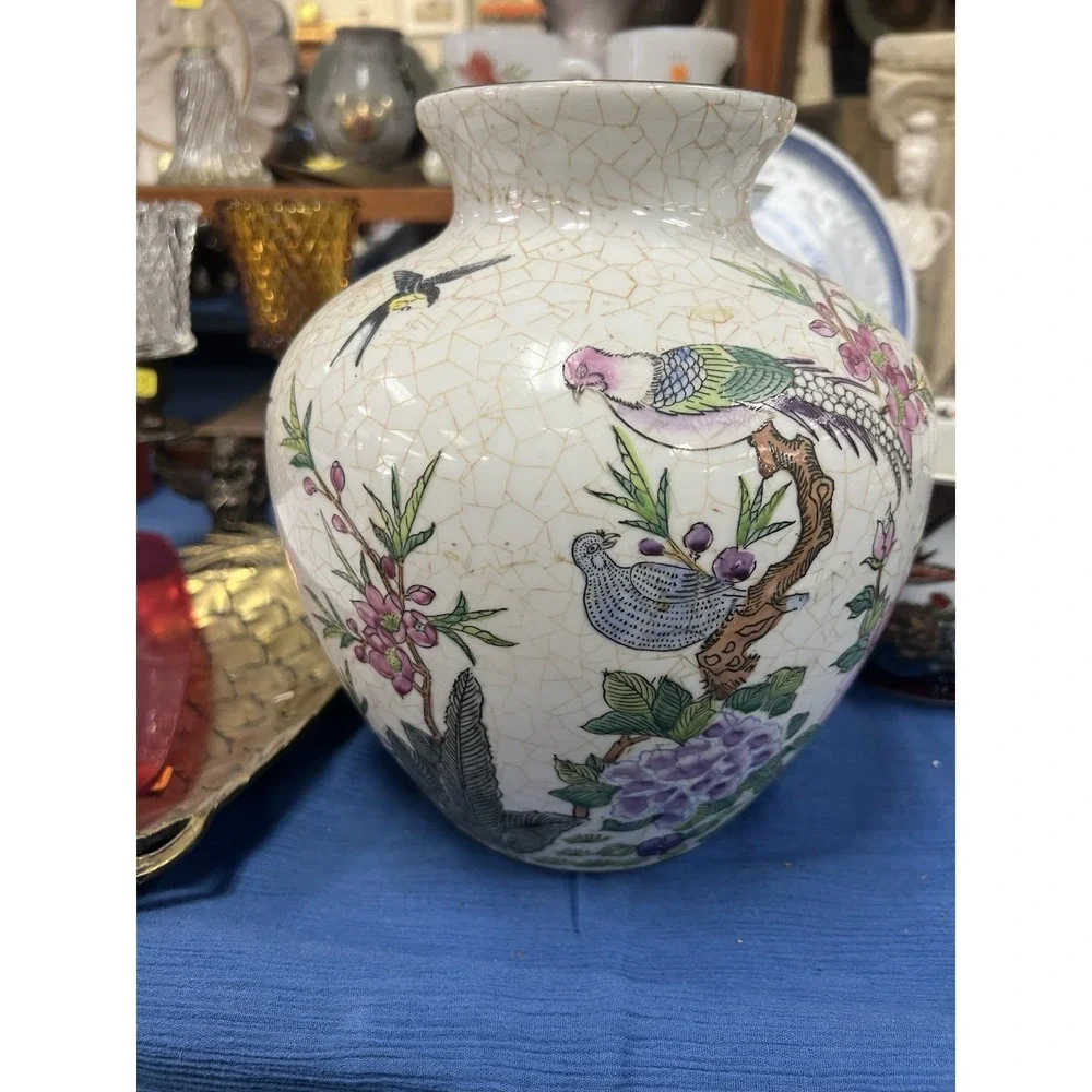 Ginger Jar Vase Floral Pheasant Design Crackled Glaze Porcelain 8.5